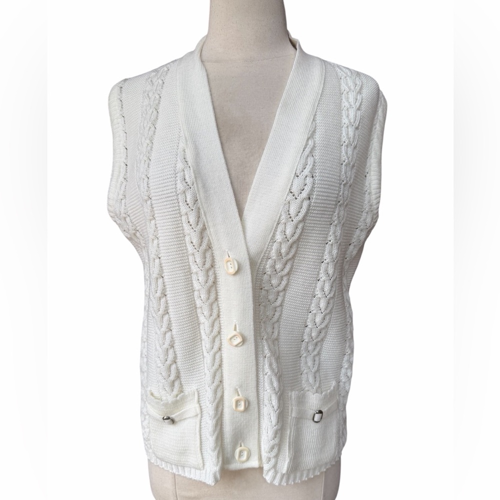 1940s Fine Cotton Synthetic Blend V-Neck Cable-Knit Front Functional Pockets But
